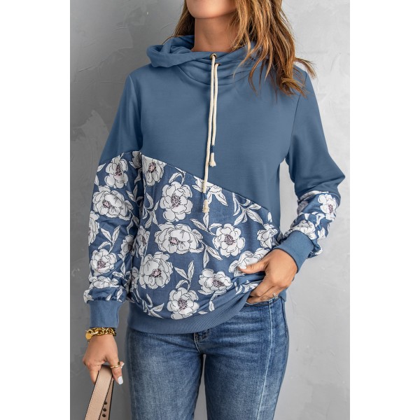 Blue Floral Splicing Cowl Neck Hoodie