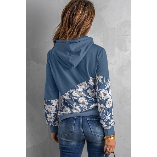 Blue Floral Splicing Cowl Neck Hoodie