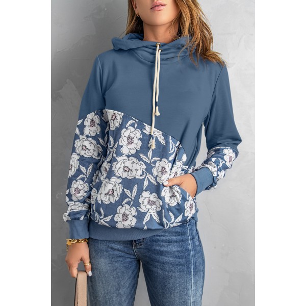 Blue Floral Splicing Cowl Neck Hoodie