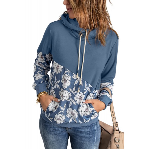 Blue Floral Splicing Cowl Neck Hoodie