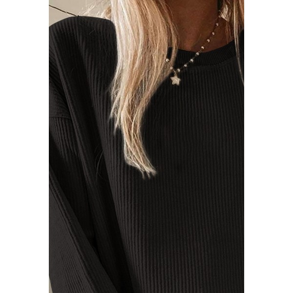 Black Crew Neck Ribbed Oversized Sweatshirt