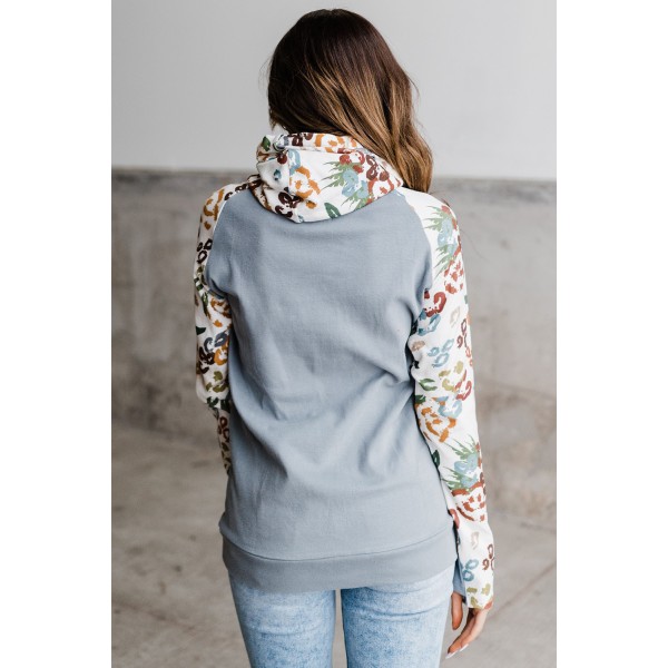 Gray Leopard Print Sleeve Patchwork Hoodie with Pocket