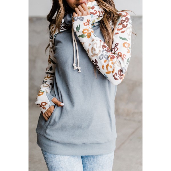 Gray Leopard Print Sleeve Patchwork Hoodie with Pocket
