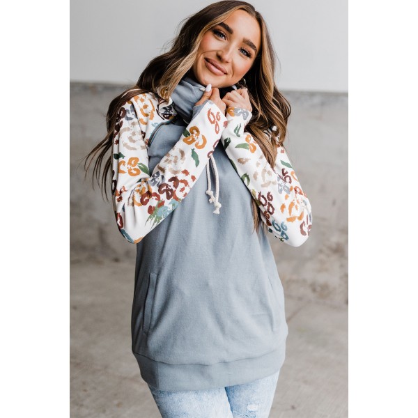 Gray Leopard Print Sleeve Patchwork Hoodie with Pocket