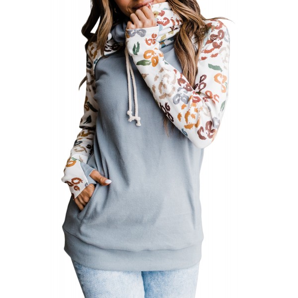 Gray Leopard Print Sleeve Patchwork Hoodie with Pocket