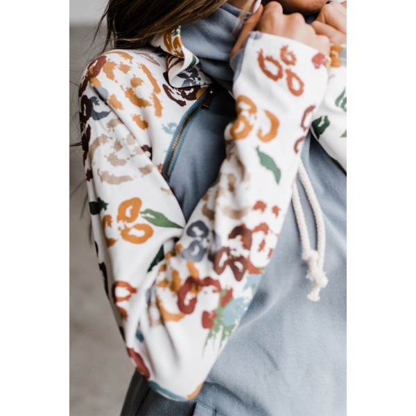 Gray Leopard Print Sleeve Patchwork Hoodie with Pocket