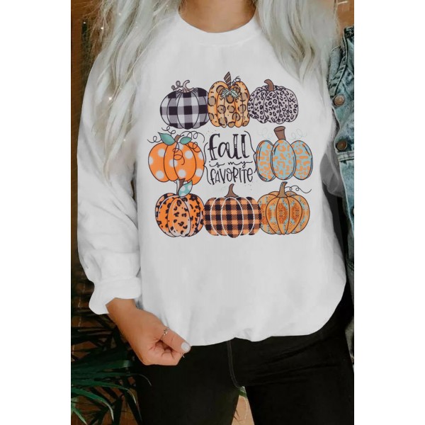 White Plaid Leopard Polka Dot Pumpkin Print Pullover Sweatshirt