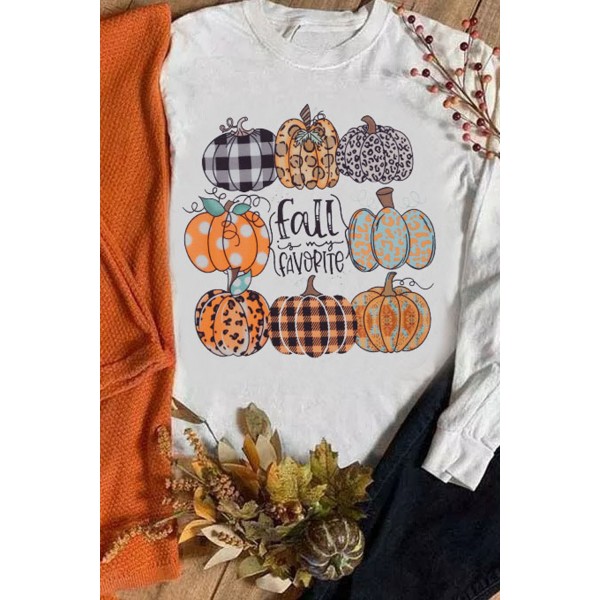 White Plaid Leopard Polka Dot Pumpkin Print Pullover Sweatshirt