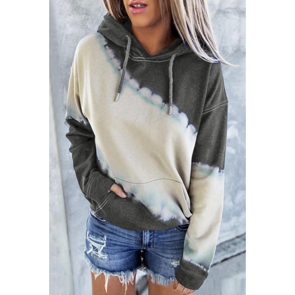 Gray Hooded Tie Dye Print Pocket Casual Sweatshirt