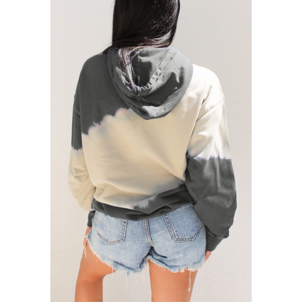 Gray Hooded Tie Dye Print Pocket Casual Sweatshirt
