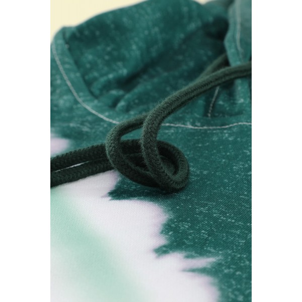 Green Hooded Tie Dye Print Pocket Casual Sweatshirt