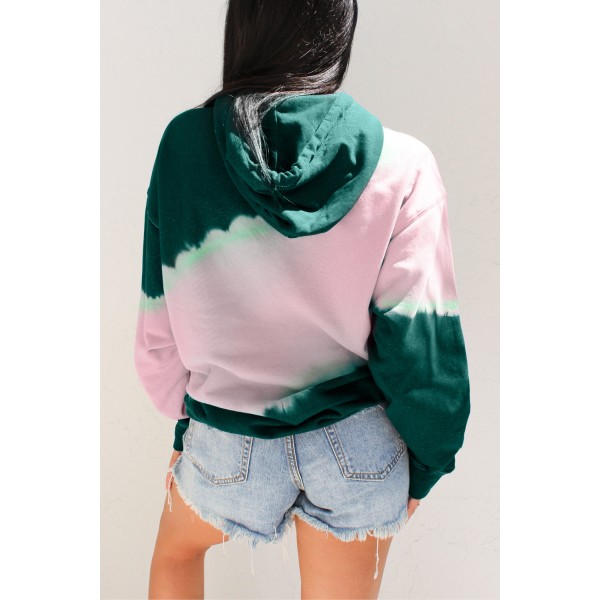 Green Hooded Tie Dye Print Pocket Casual Sweatshirt