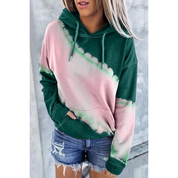 Green Hooded Tie Dye Print Pocket Casual Sweatshirt