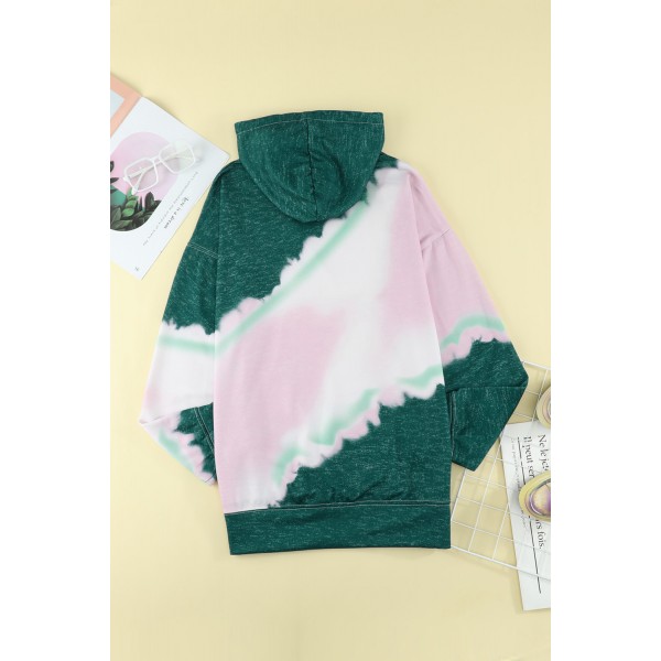 Green Hooded Tie Dye Print Pocket Casual Sweatshirt