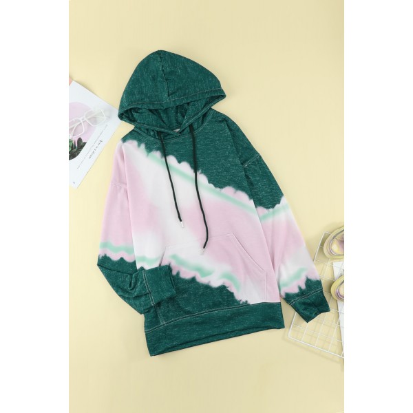 Green Hooded Tie Dye Print Pocket Casual Sweatshirt