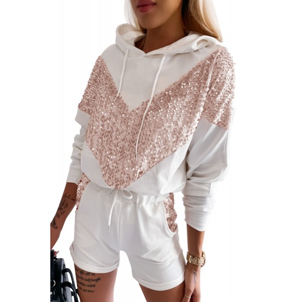 White Chevron Sequin Pullover Hoodie
