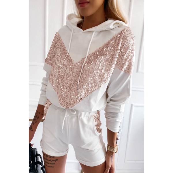 White Chevron Sequin Pullover Hoodie