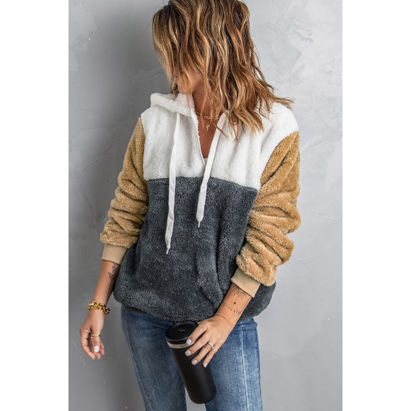 Gray Colorblock Fluffy Faux Fur Hoodie