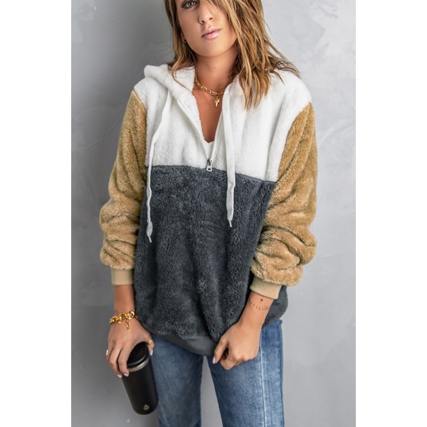 Gray Colorblock Fluffy Faux Fur Hoodie