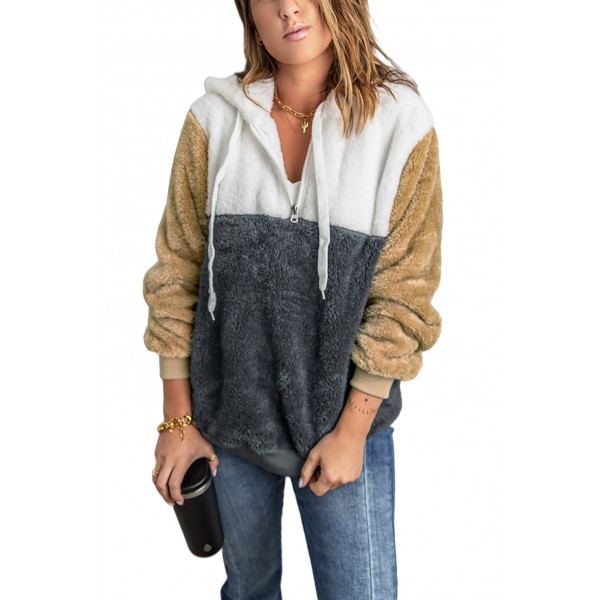 Gray Colorblock Fluffy Faux Fur Hoodie