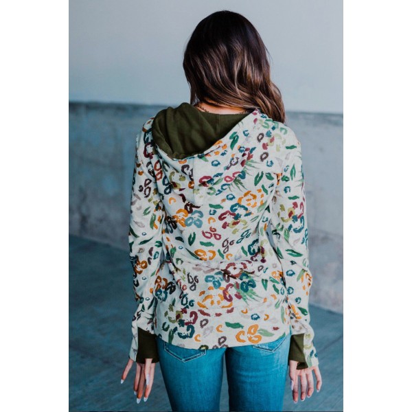 Leopard Print Zipper Collar Hoodie with Kangaroo Pocket