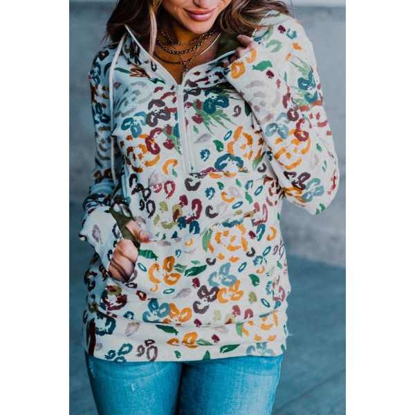Leopard Print Zipper Collar Hoodie with Kangaroo Pocket