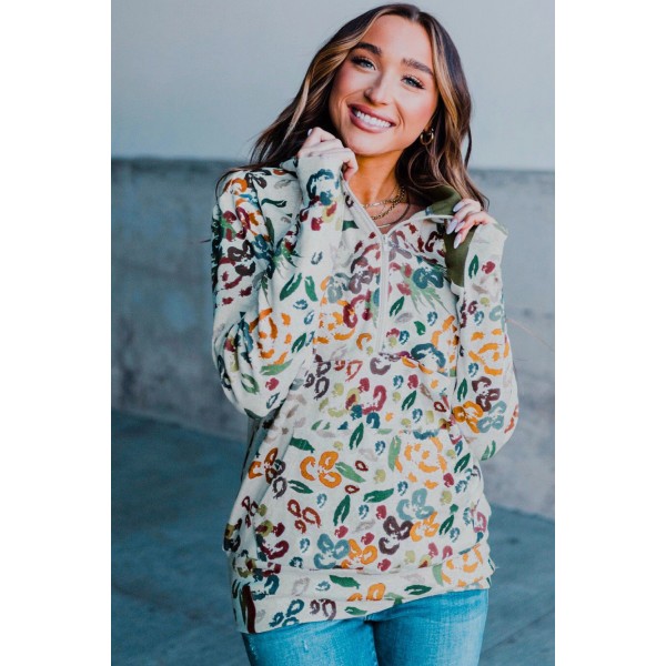 Leopard Print Zipper Collar Hoodie with Kangaroo Pocket