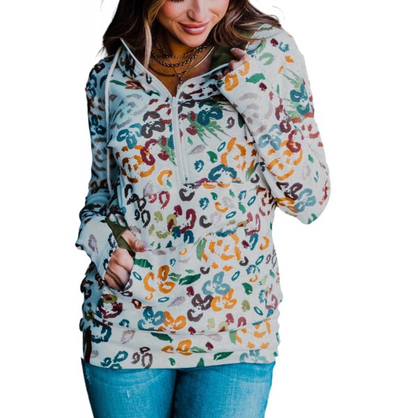 Leopard Print Zipper Collar Hoodie with Kangaroo Pocket
