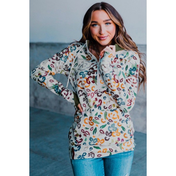 Leopard Print Zipper Collar Hoodie with Kangaroo Pocket