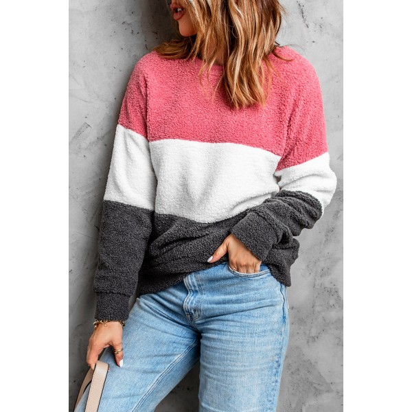 Pink Oversized Colorblock Plush Sweatshirt
