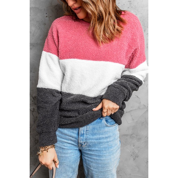 Pink Oversized Colorblock Plush Sweatshirt