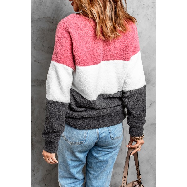 Pink Oversized Colorblock Plush Sweatshirt