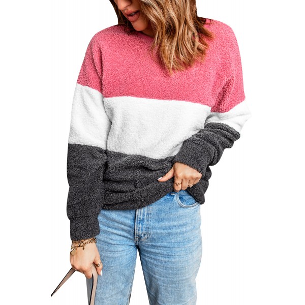 Pink Oversized Colorblock Plush Sweatshirt