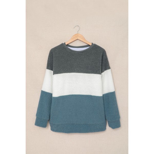 Gray Oversized Colorblock Plush Sweatshirt