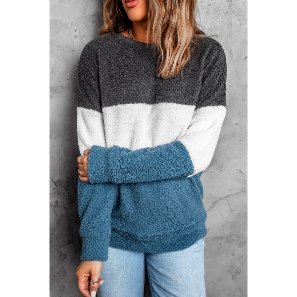 Gray Oversized Colorblock Plush Sweatshirt