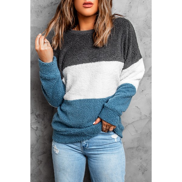 Gray Oversized Colorblock Plush Sweatshirt