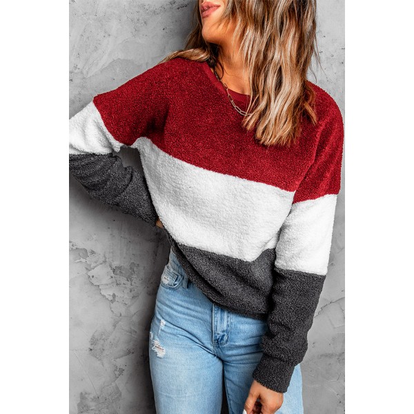 Wine Red Oversized Colorblock Plush Sweatshirt