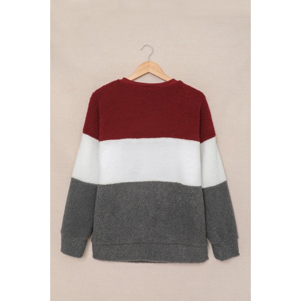 Wine Red Oversized Colorblock Plush Sweatshirt