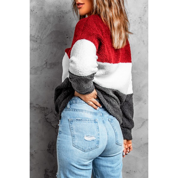 Wine Red Oversized Colorblock Plush Sweatshirt