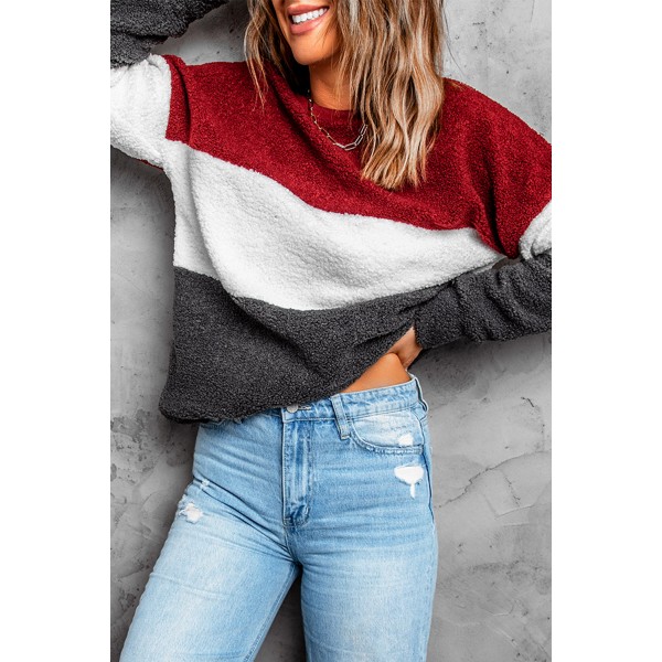Wine Red Oversized Colorblock Plush Sweatshirt