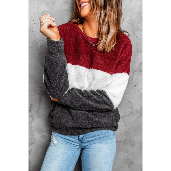 Wine Red Oversized Colorblock Plush Sweatshirt