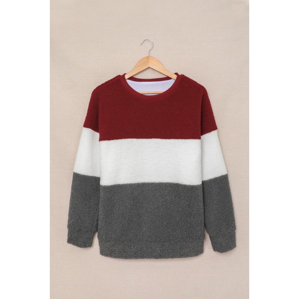 Wine Red Oversized Colorblock Plush Sweatshirt