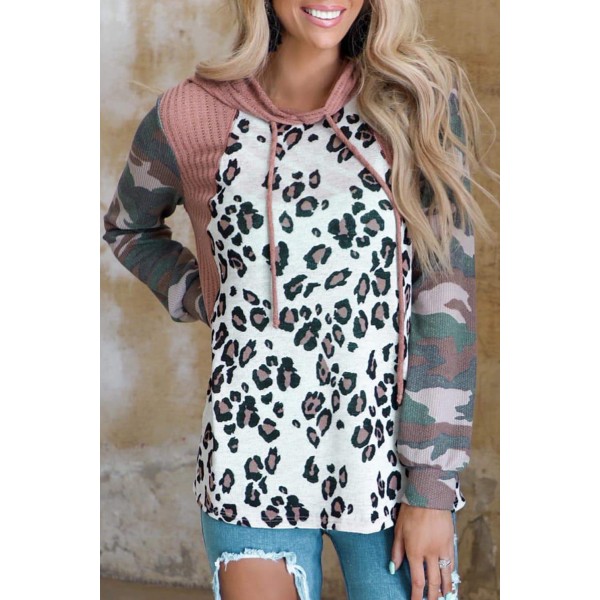 Leopard Camo Splicing Knitted Long Sleeve Hoodie