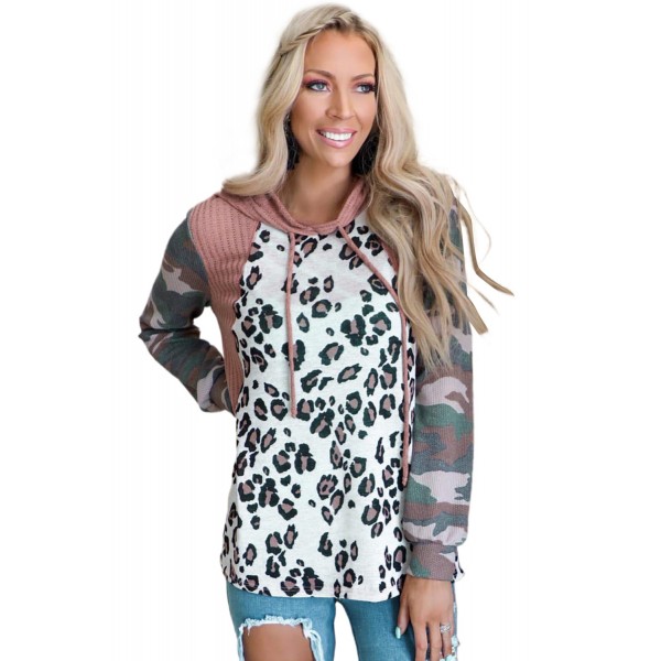 Leopard Camo Splicing Knitted Long Sleeve Hoodie