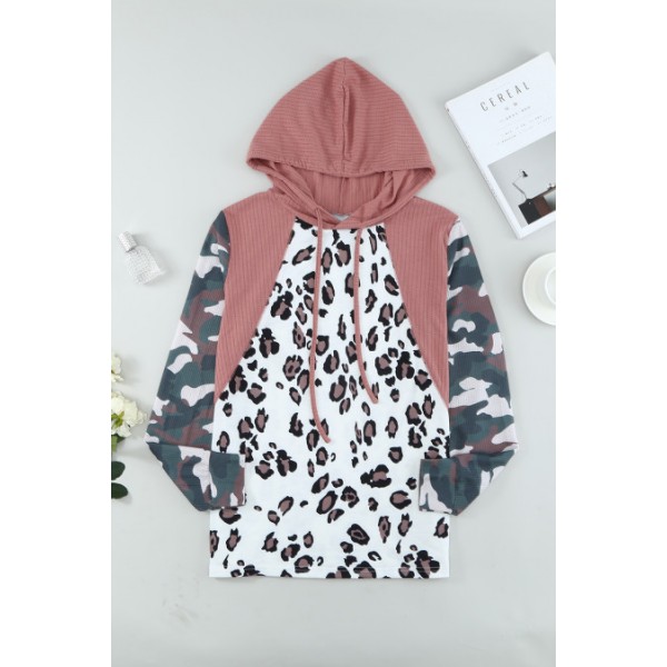 Leopard Camo Splicing Knitted Long Sleeve Hoodie