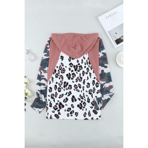 Leopard Camo Splicing Knitted Long Sleeve Hoodie