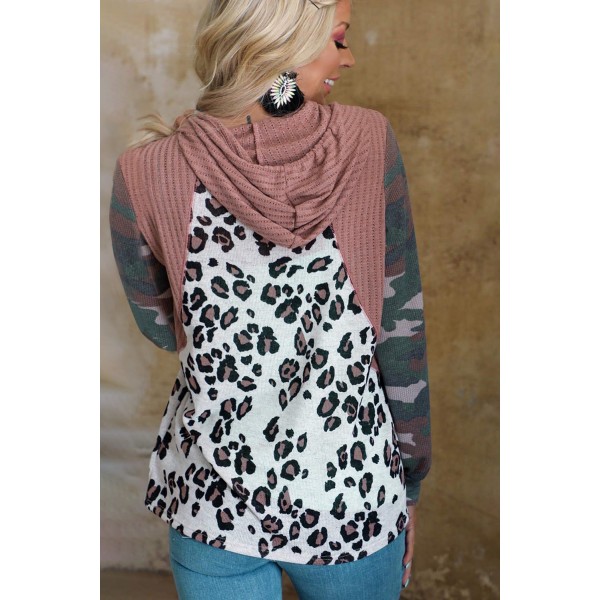 Leopard Camo Splicing Knitted Long Sleeve Hoodie