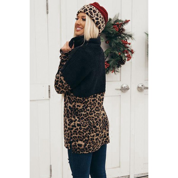 Leopard Block Splicing Zip Pullover Sweatshirt