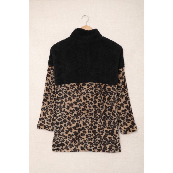Leopard Block Splicing Zip Pullover Sweatshirt