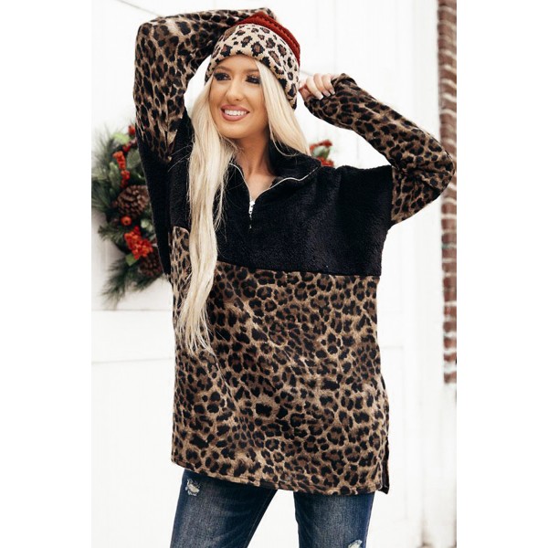 Leopard Block Splicing Zip Pullover Sweatshirt